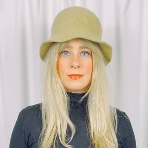 Vintage Normandy France Rabbit Fur and Wool Bucket Hat in Tan Brown